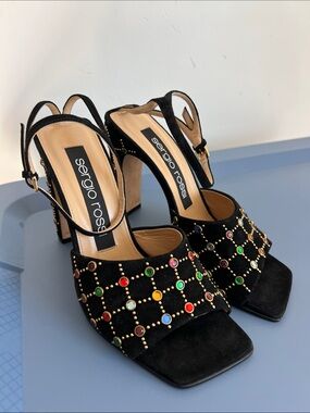 Sergio Rossi multicolor jeweled open toe black suede high heels sandals 38
